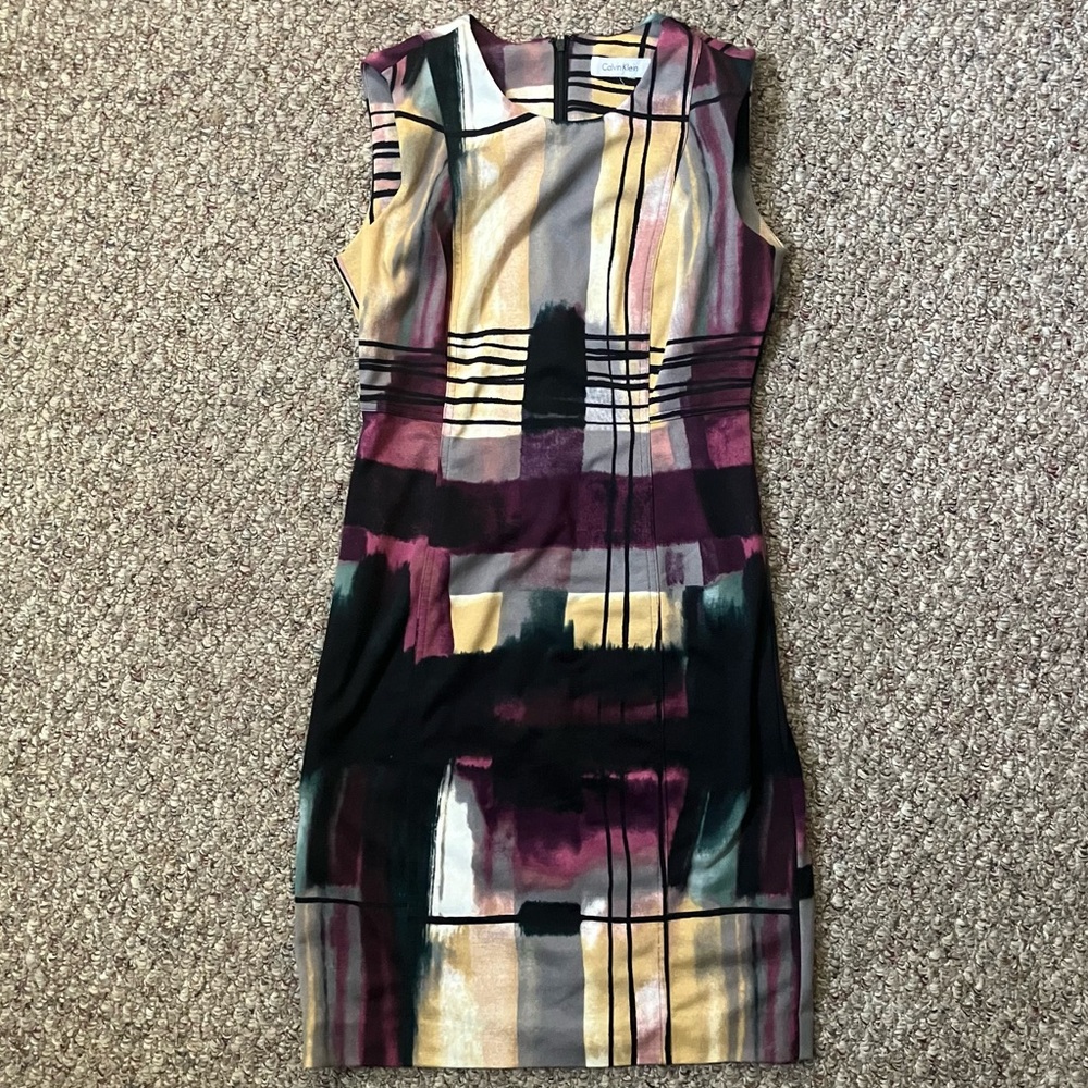 Calvin Klein Sheath Dress Womens Watercolor Geometric Career Professional Office - Picture 2 of 15